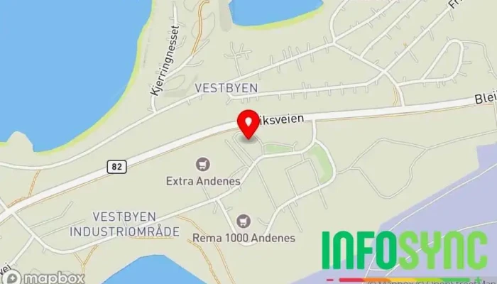 kart over Andøy Installasjon AS Elektriker, Installatør av ladestasjon for elektriske kjøretøy, Elektrisk installasjon, Varme- og kuldeentreprenør i Andenes