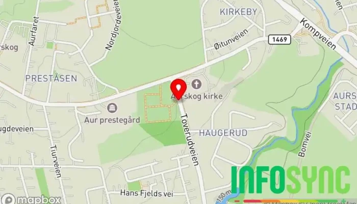 kart over Aurskog kirke Bussholdeplass i Aurskog
