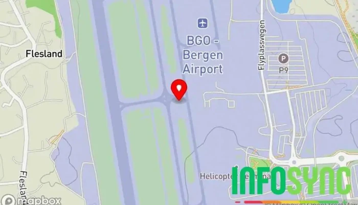 kart over Bergen Lufthavn Internasjonal flyplass, Flyplass i Bergen