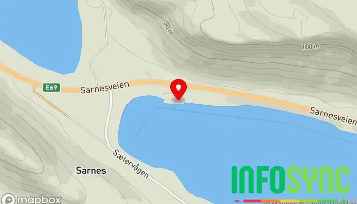 kart over Destinasjon 71 - Camp Sarnes Rekreasjonssenter, Selskapslokale, Leverandør av restaurantforsyninger i Honningsvåg