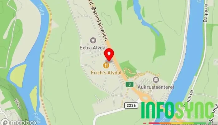 kart over Frich's Hotel og Spiseri Alvdal Kafé, Catering, Hotell i Alvdal