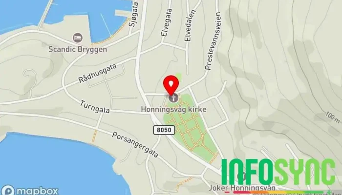 kart over Honningsvåg kirke Kirke, Turistattraksjon i Honningsvåg