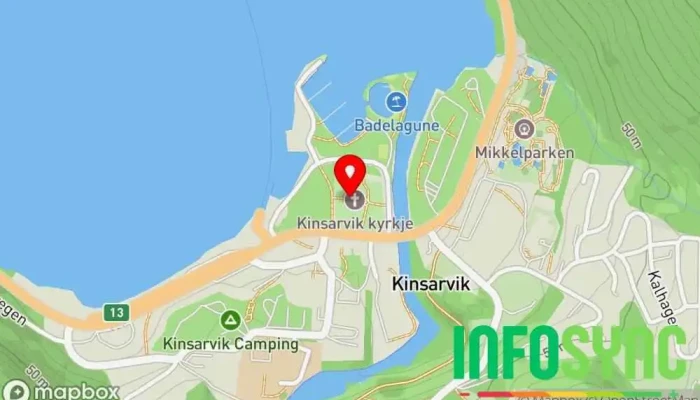 kart over Kinsarvik kyrkje Kirke i Kinsarvik
