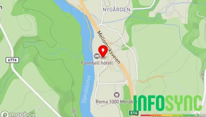 kart over Meråker sentrum Kollektivholdeplass, Bussholdeplass, Jernbanestasjon i Meråker