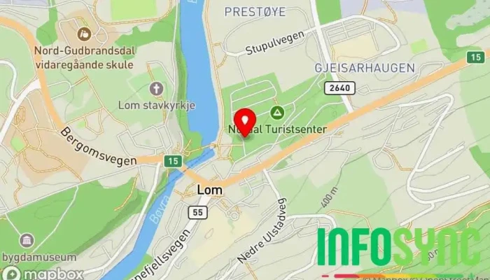 kart over Nordal turistsenter Campingplass, Bar, Campinghytte, Hotell, Losji, Pub, Restaurant i Fossbergom