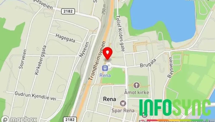 kart over Rena skysstasjon Kollektivholdeplass, Bussholdeplass, Jernbanestasjon i Rena